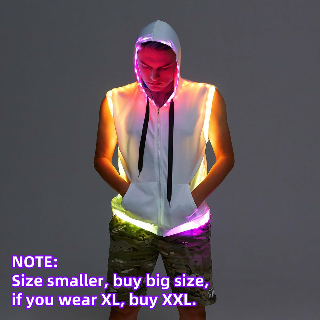 Men White Hooded Tank LED Light Up Sync Burning Man Rave Tops Night Club Show for Halloween Dance Party