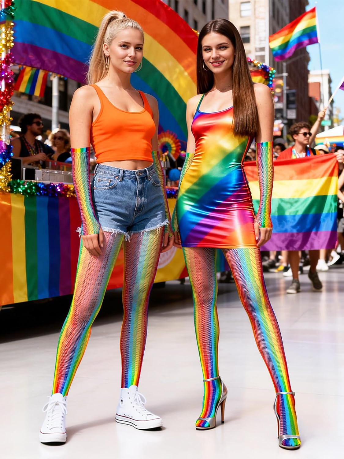 BOARDFEB2 Pieces Rainbow Outfits, Striped Fishnet Tights and Gloves Costume Accessories Set Rainbow Leggings for Carnival Wedding Pride Day Halloweeen