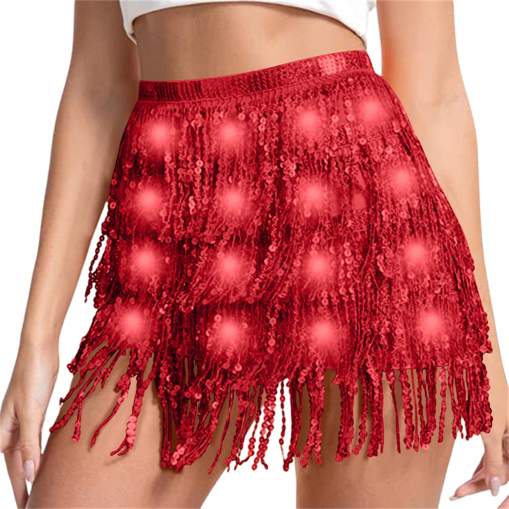 Sequin Skirt Women Led Waist Scarf Belly Dance Waist Chain Tassel Shine Sparkly Mini Skirts Rave Party Outfit