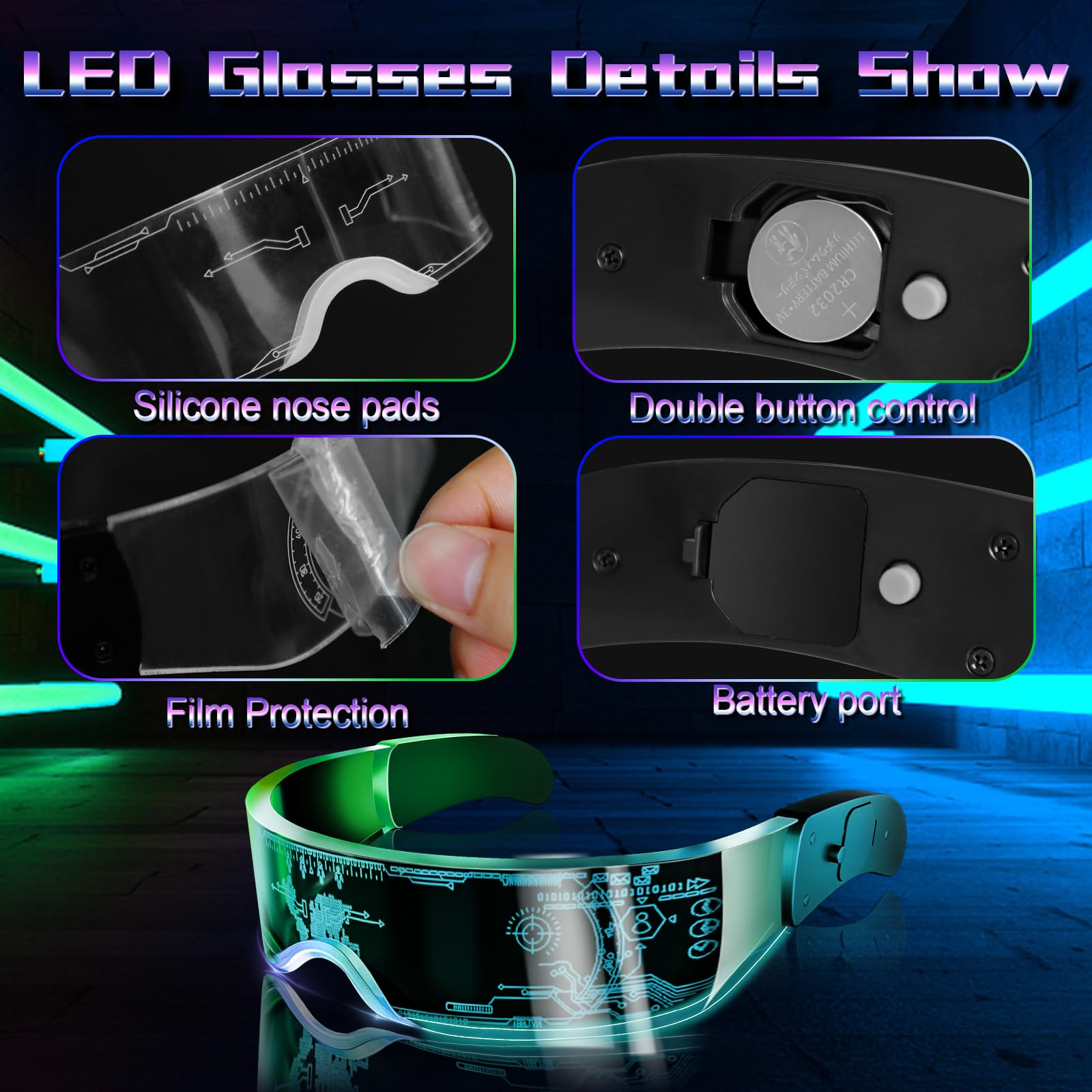 Tanganan LED Visor Glasses, 2pcs LED Light Up Glasses Neon Luminous Glasses 7 Color 5 Modes Cool LED Glasses for Adult