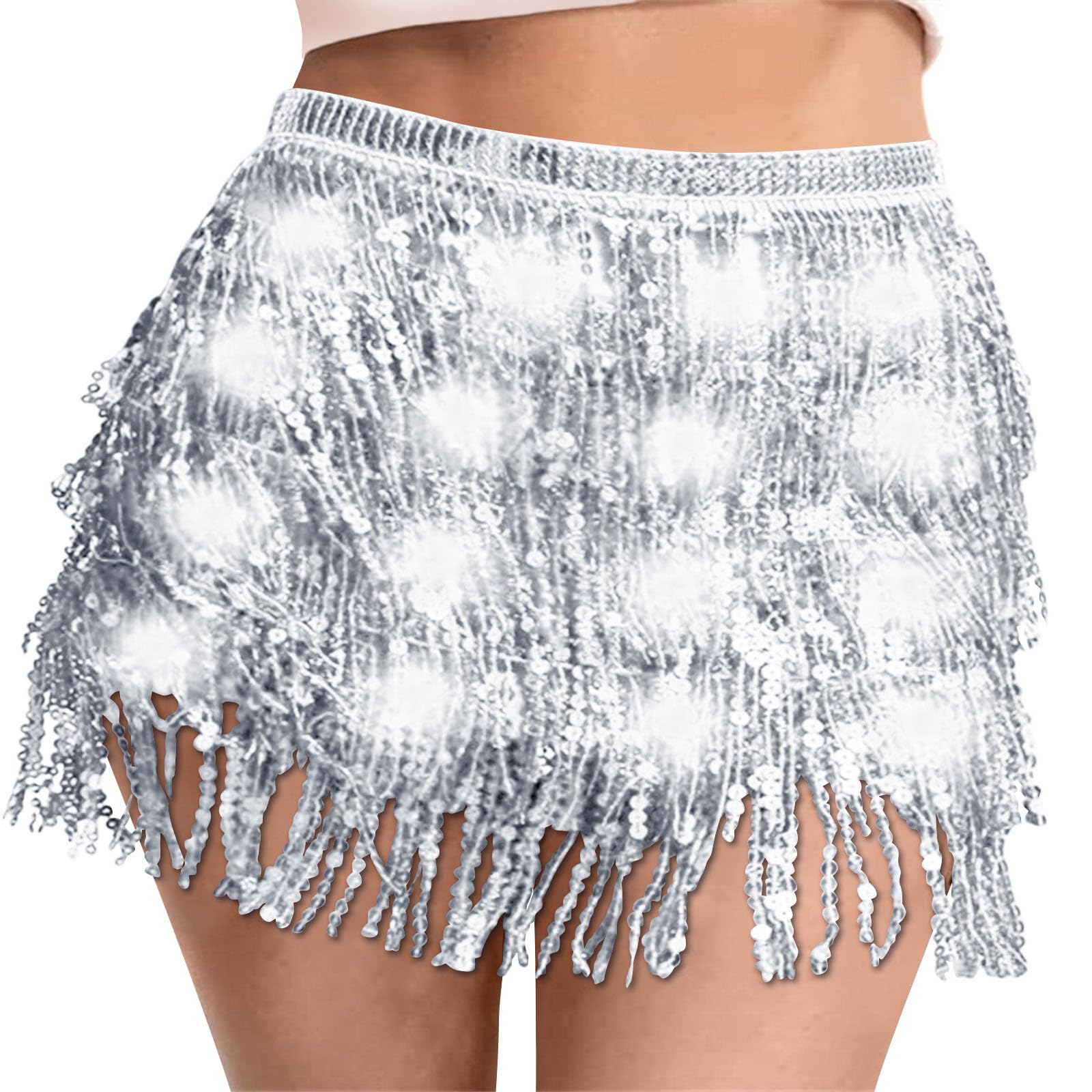 Sequin Skirt Women Led Waist Scarf Belly Dance Waist Chain Tassel Shine Sparkly Mini Skirts Rave Party Outfit