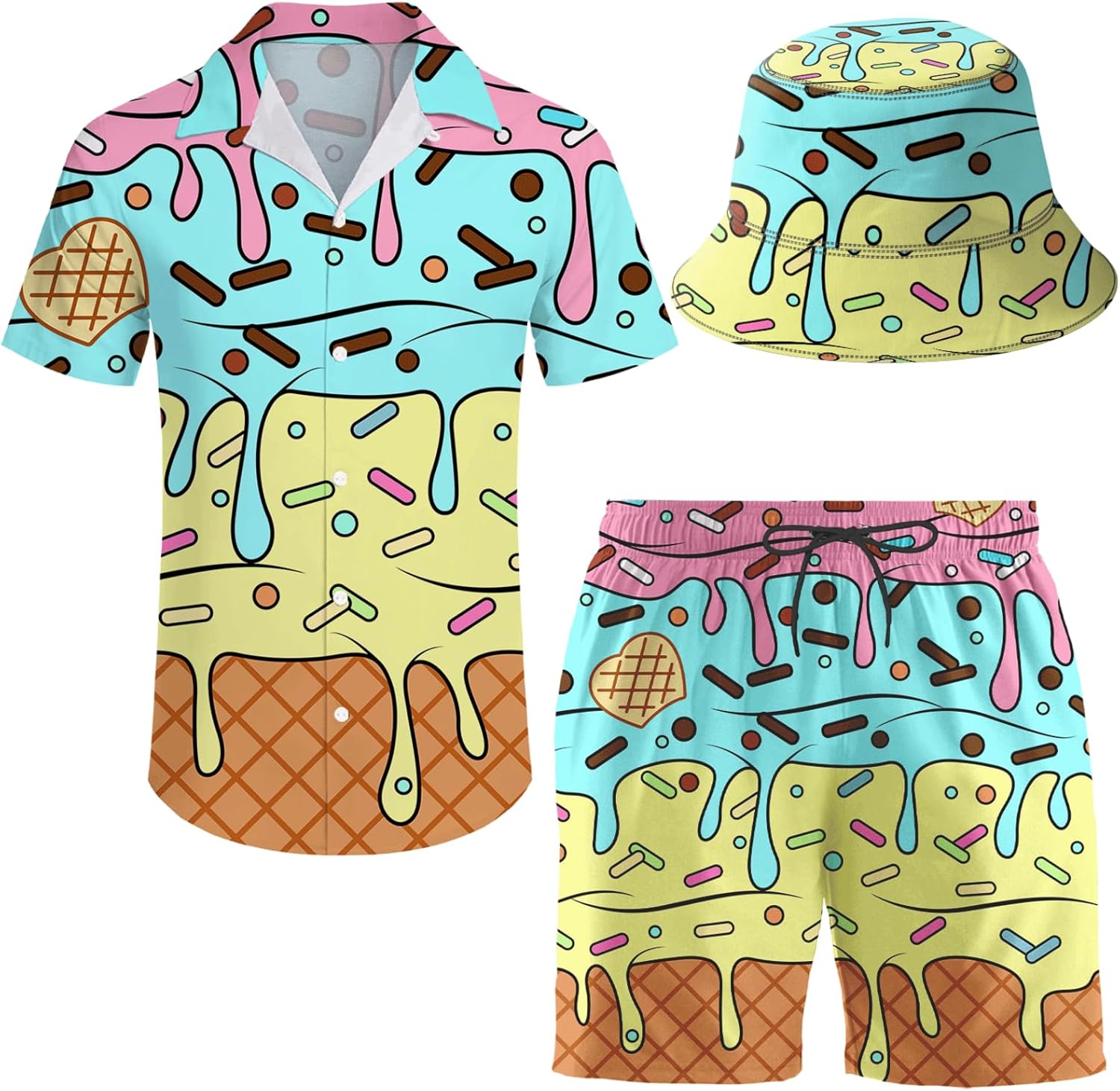 Men's 2 Piece Tracksuit Hawaiian Shirt Shorts Button Down Shirt and Shorts Sets with Bucket Hats