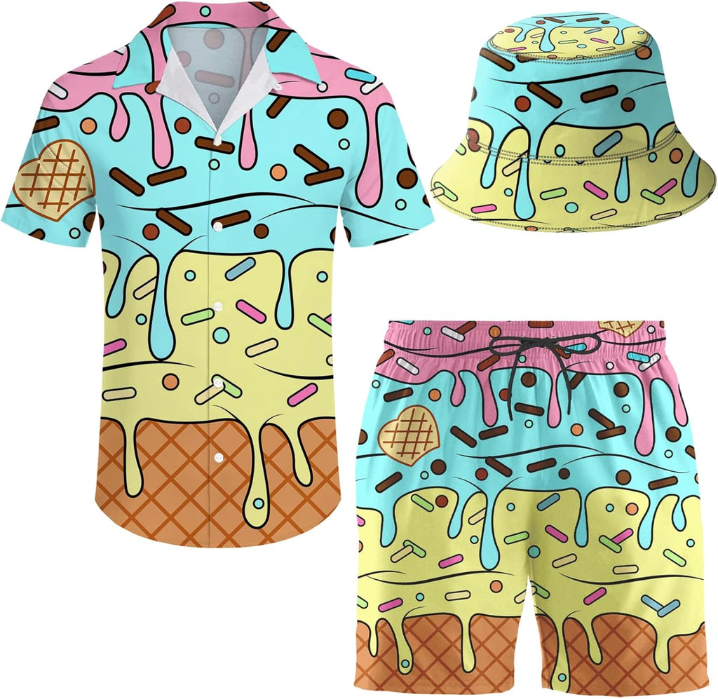 Men's 2 Piece Tracksuit Hawaiian Shirt Shorts Button Down Shirt and Shorts Sets with Bucket Hats