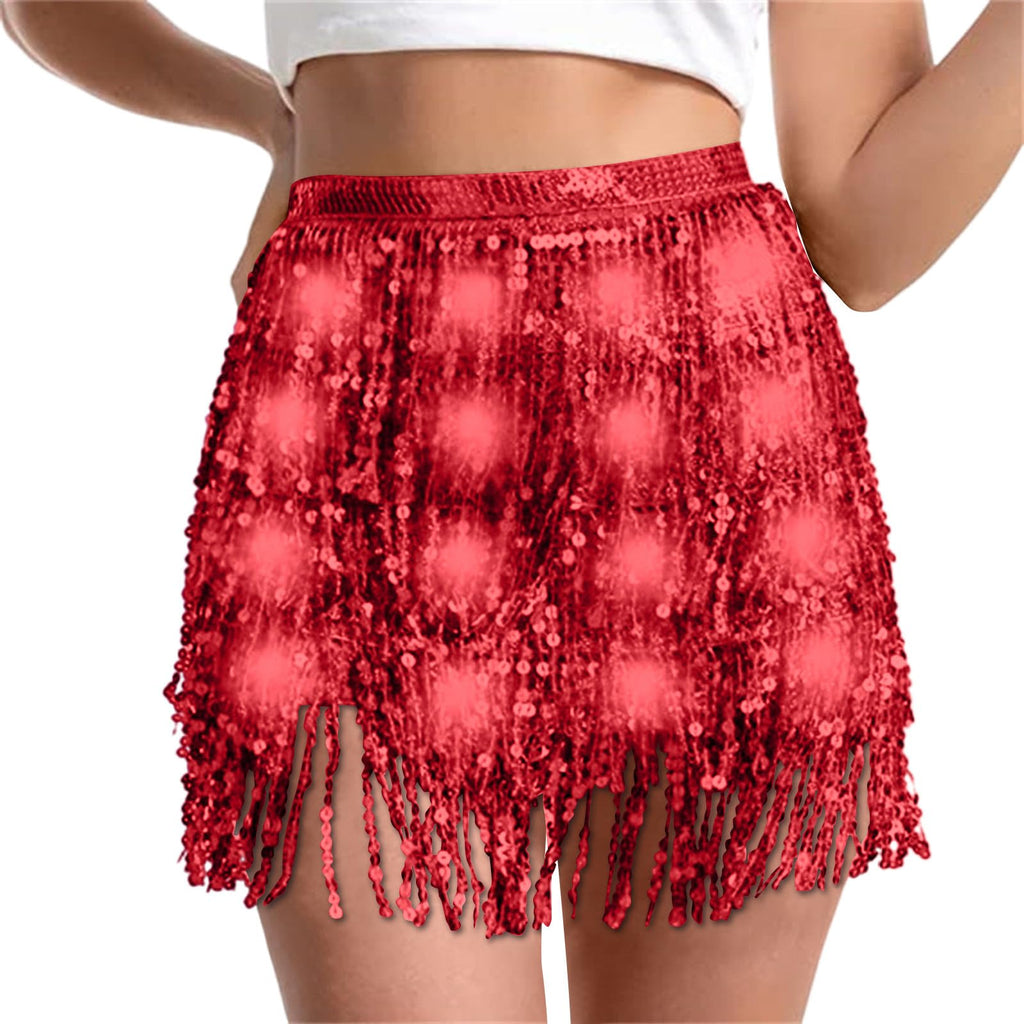 Sequin Skirt Women Led Waist Scarf Belly Dance Waist Chain Tassel Shine Sparkly Mini Skirts Rave Party Outfit