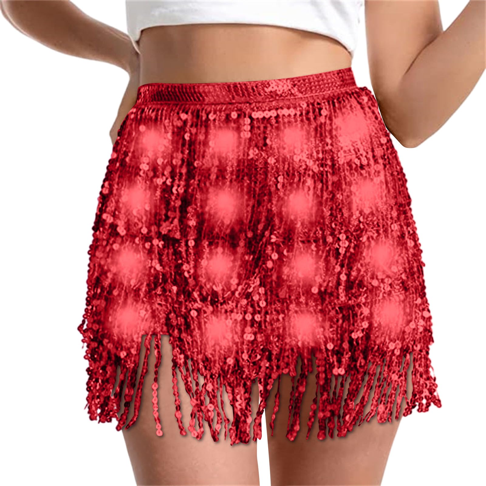 Sequin Skirt Women Led Waist Scarf Belly Dance Waist Chain Tassel Shine Sparkly Mini Skirts Rave Party Outfit