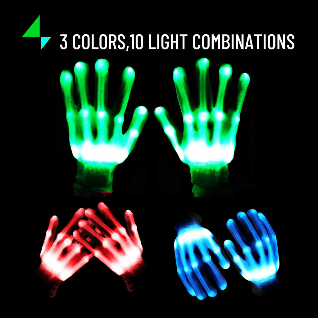 LED Gloves, Flash Finger Lights - 3 Color, 10 Mode Glowing Christmas Costume Clubbing Party Favors for Boys & Girls