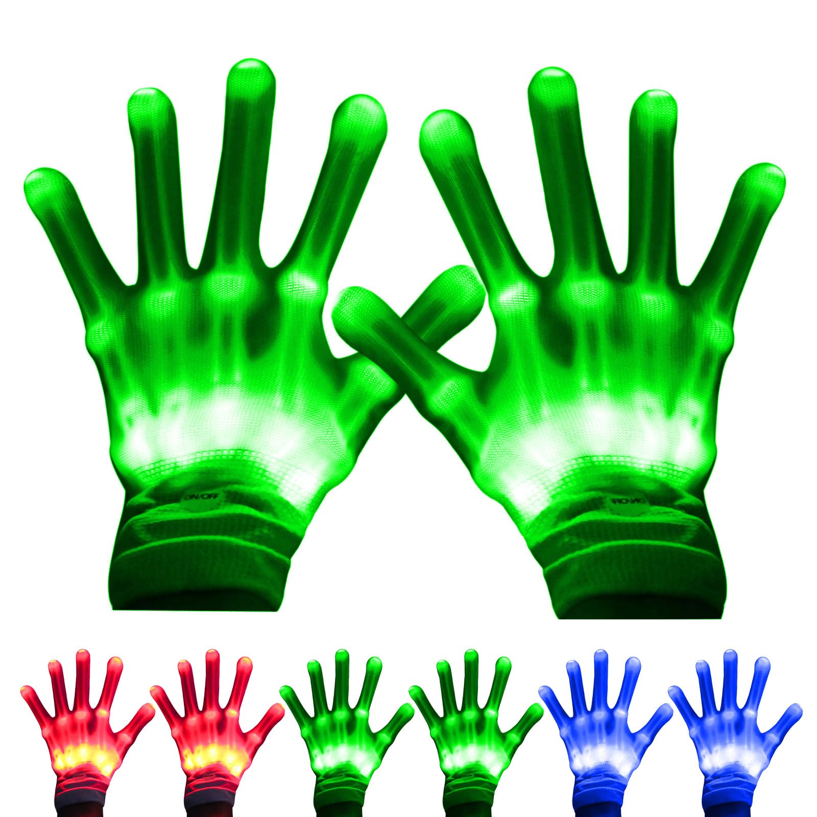 LED Gloves, Flash Finger Lights - 3 Color, 10 Mode Glowing Christmas Costume Clubbing Party Favors for Boys & Girls
