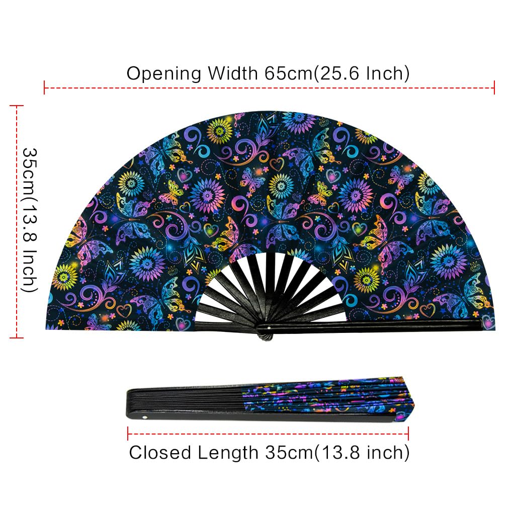 Ravevibes 13" Large Rave Fan Folding Hand Fan, Bamboo Festival Clack Fan Foldable UV Glow Edm Fans For Rave Outfits Accessories Performance Dance Party For Men Women, Alien