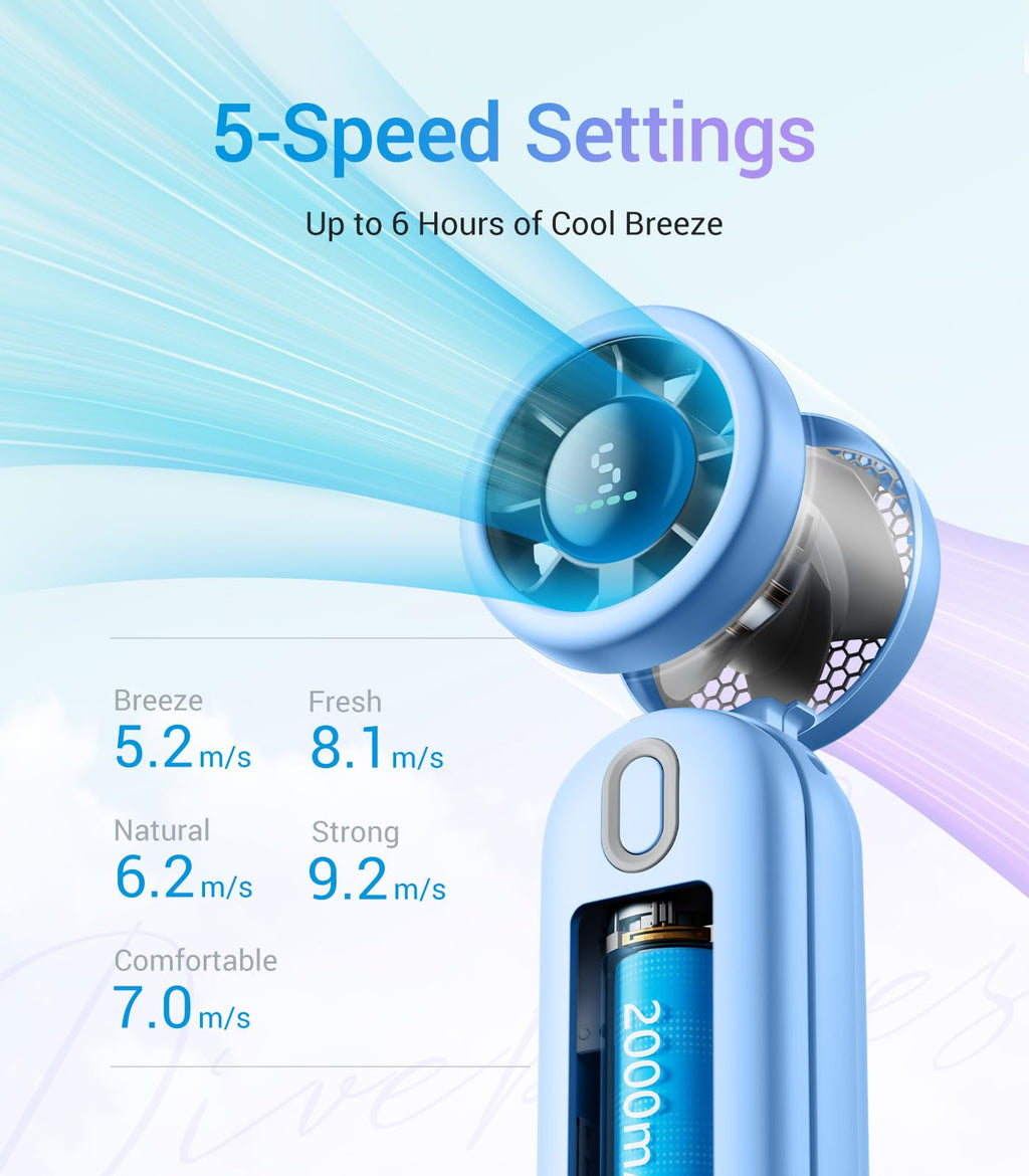 Diveblues Handheld Fan, 30ft/s Mini Portable Turbo Fan [12H Max Cooling], 4000mAh Personal Fan with LED Display, 3-in-1 Hand Held/Neck/Desk Fan for Travel, Cruise, Disney Essentials
