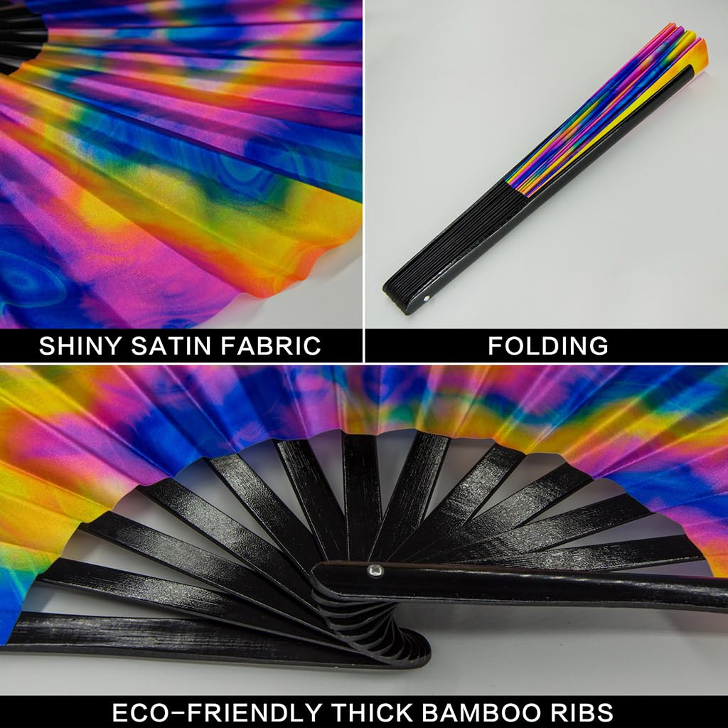 Ravevibes 13" Large Rave Fan Folding Hand Fan, Bamboo Festival Clack Fan Foldable UV Glow Edm Fans For Rave Outfits Accessories Performance Dance Party For Men Women, Alien
