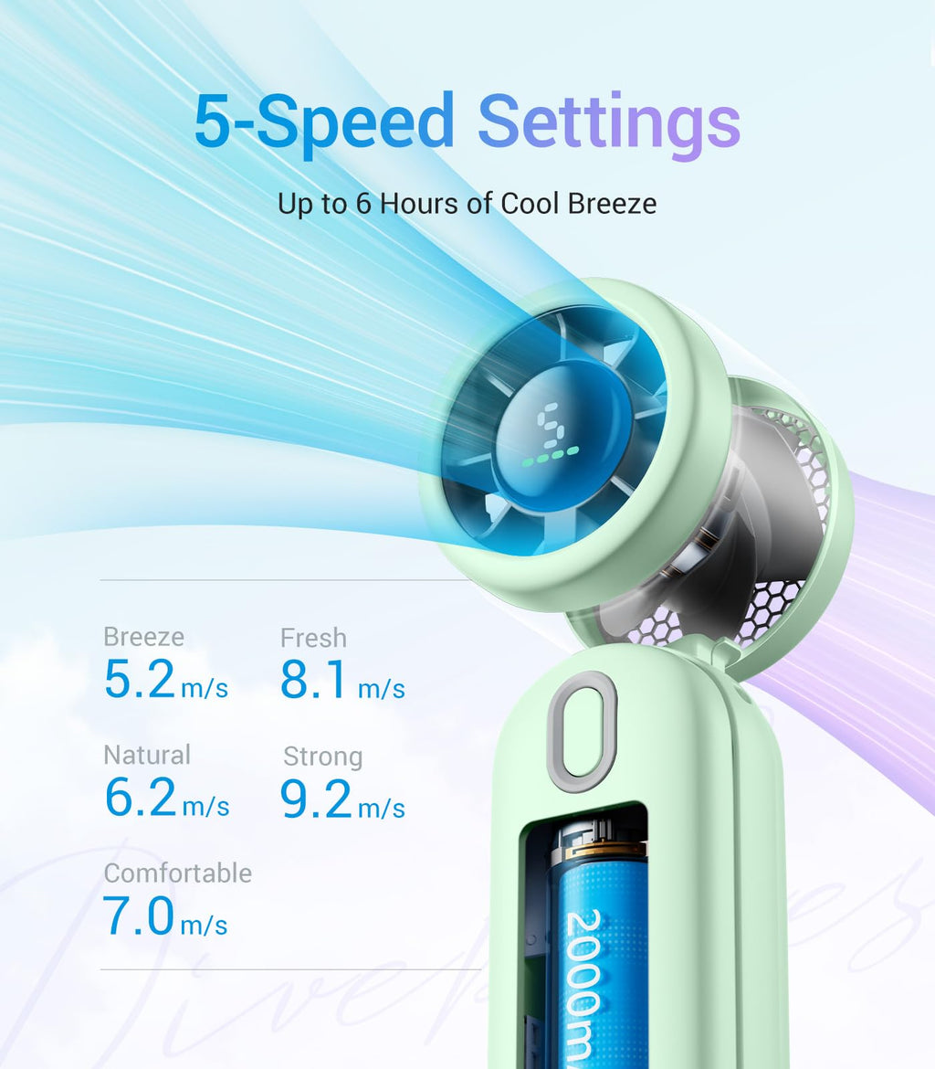 Diveblues Handheld Fan, 30ft/s Mini Portable Turbo Fan [12H Max Cooling], 4000mAh Personal Fan with LED Display, 3-in-1 Hand Held/Neck/Desk Fan for Travel, Cruise, Disney Essentials