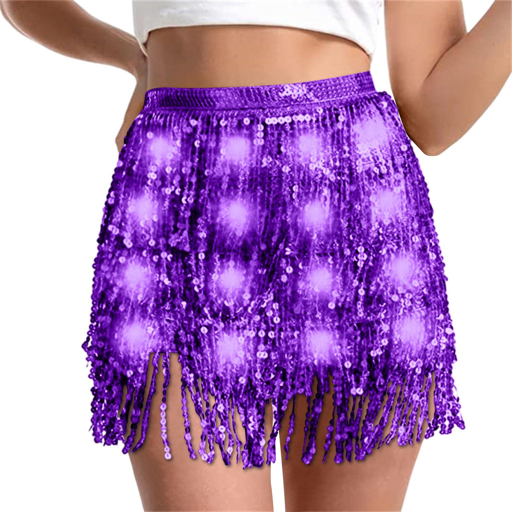 Sequin Skirt Women Led Waist Scarf Belly Dance Waist Chain Tassel Shine Sparkly Mini Skirts Rave Party Outfit