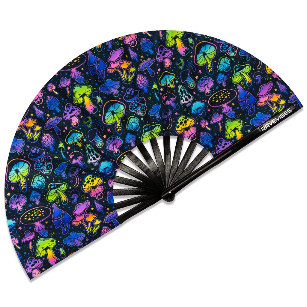 Ravevibes 13" Large Rave Fan Folding Hand Fan, Bamboo Festival Clack Fan Foldable UV Glow Edm Fans For Rave Outfits Accessories Performance Dance Party For Men Women, Alien