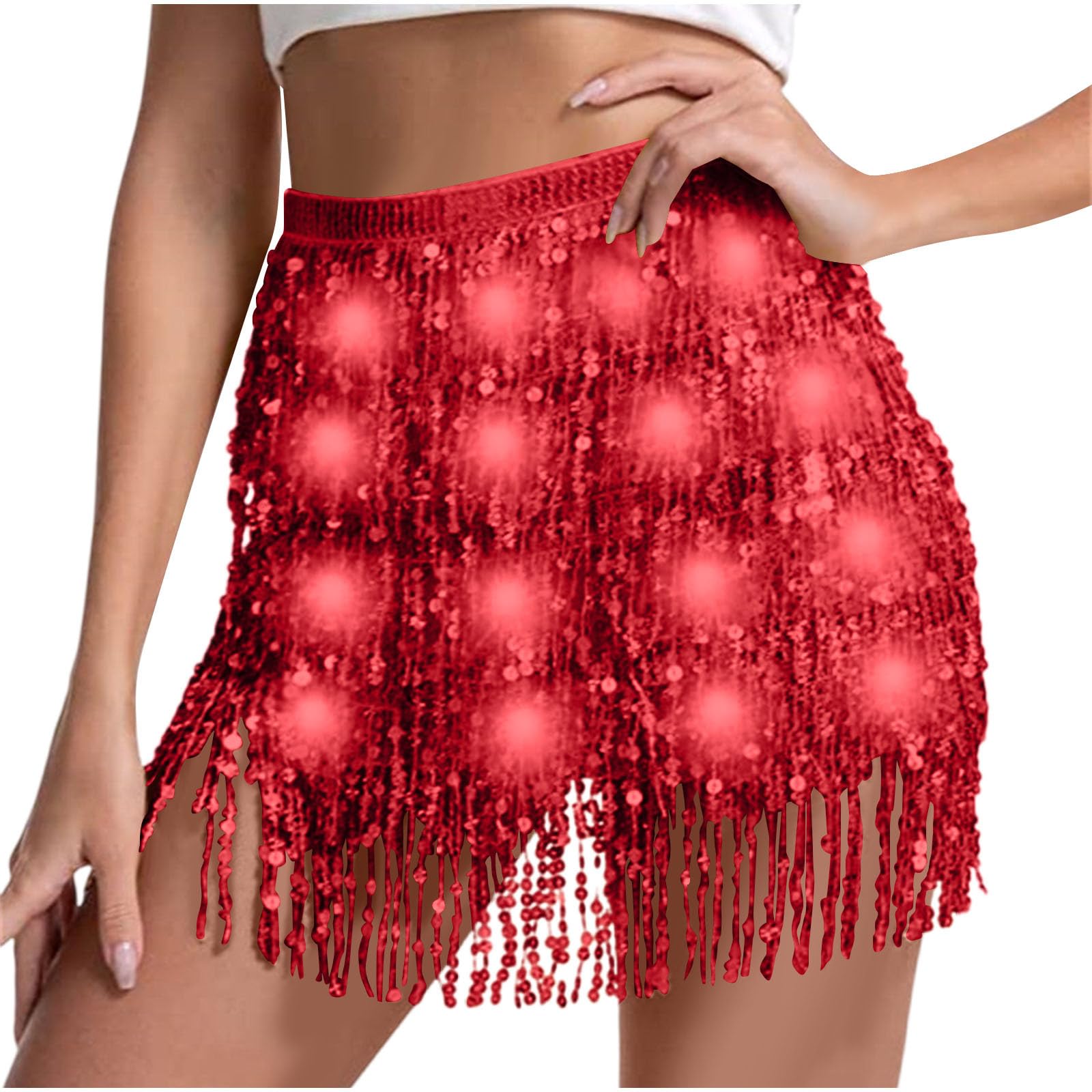 Sequin Skirt Women Led Waist Scarf Belly Dance Waist Chain Tassel Shine Sparkly Mini Skirts Rave Party Outfit