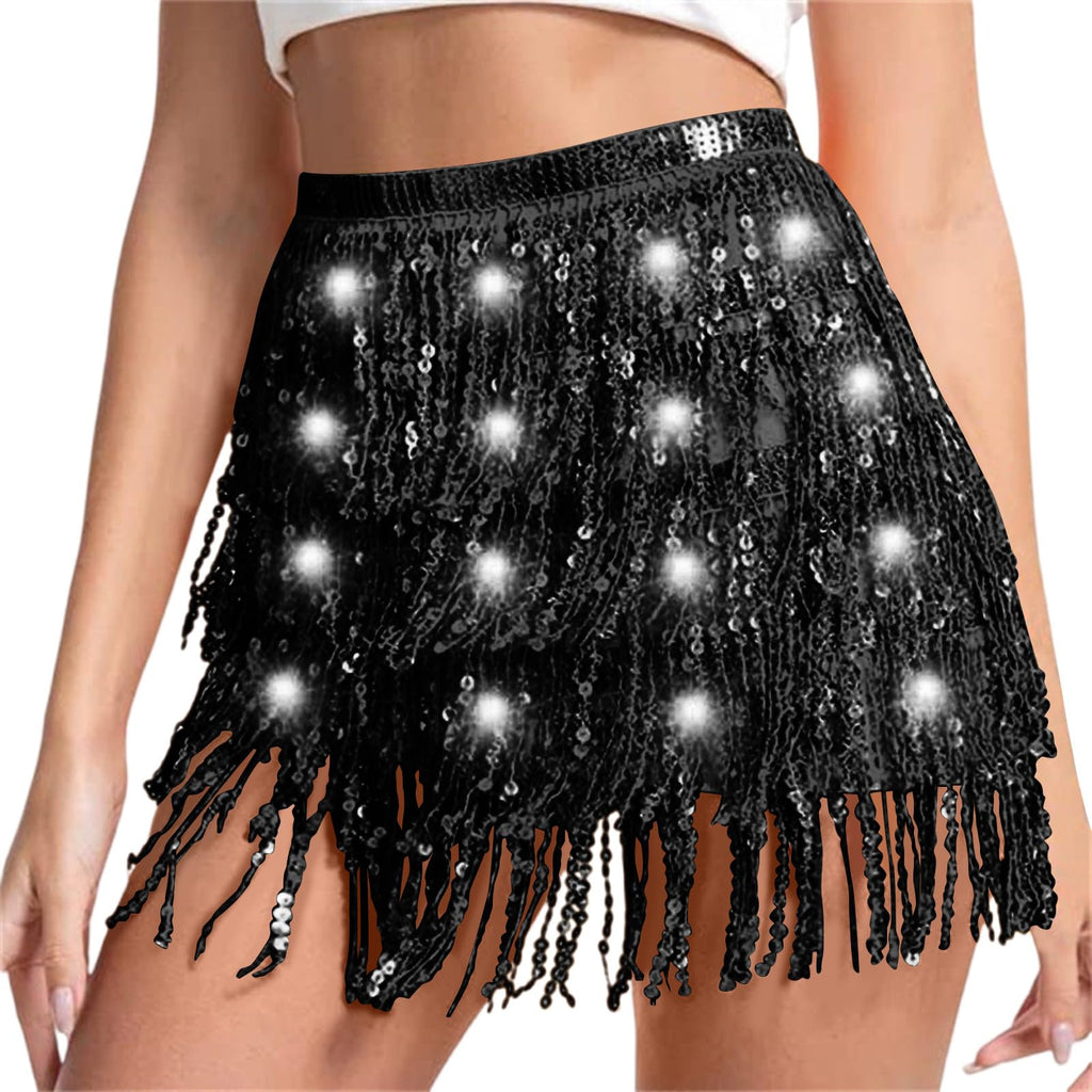 Sequin Skirt Women Led Waist Scarf Belly Dance Waist Chain Tassel Shine Sparkly Mini Skirts Rave Party Outfit