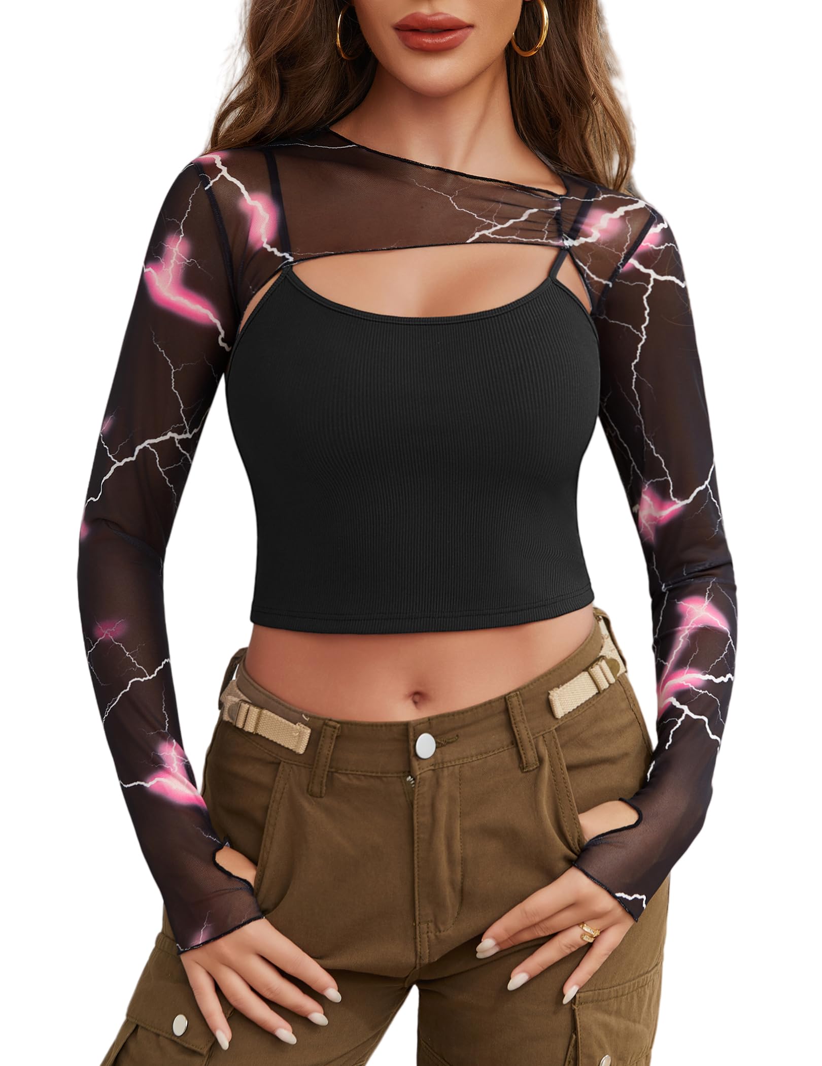 Avidlove Women Sexy Long Sleeve Mesh Crop Top Solid Cover Up with Spaghetti Strap Cami Top 2 Pieces Clubwear with Thumb Holes