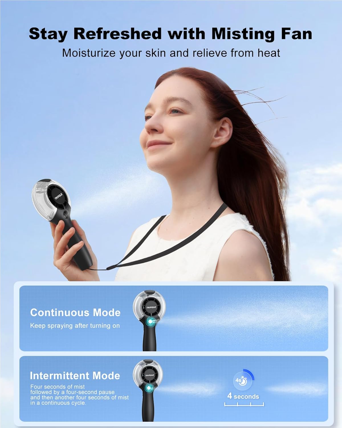 TriPole Misting Fan Portable Handheld Fan with Mist, 4000mAh Rechargeable Personal Mister Fans with 40ml Water Tank, High-Speed Airflow Mini Water Spray Fans for Outdoor Trip Travel Park Beach Camping