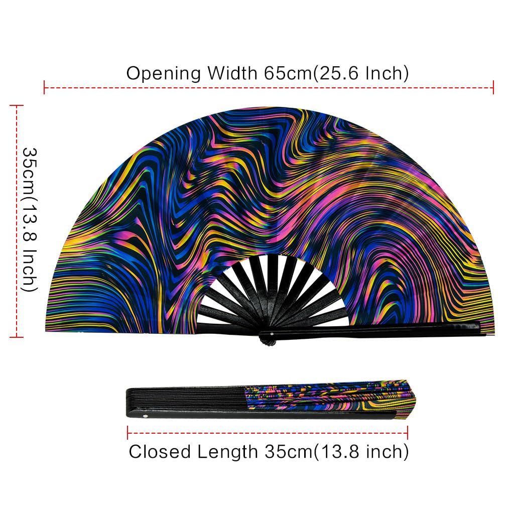 Ravevibes 13" Large Rave Fan Folding Hand Fan, Bamboo Festival Clack Fan Foldable UV Glow Edm Fans For Rave Outfits Accessories Performance Dance Party For Men Women, Alien