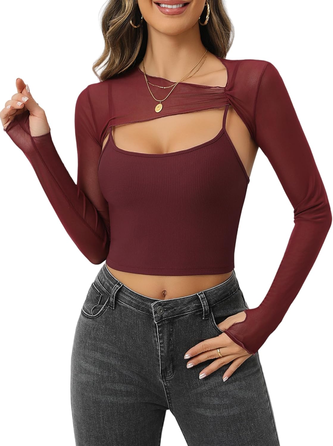 Avidlove Women Sexy Long Sleeve Mesh Crop Top Solid Cover Up with Spaghetti Strap Cami Top 2 Pieces Clubwear with Thumb Holes