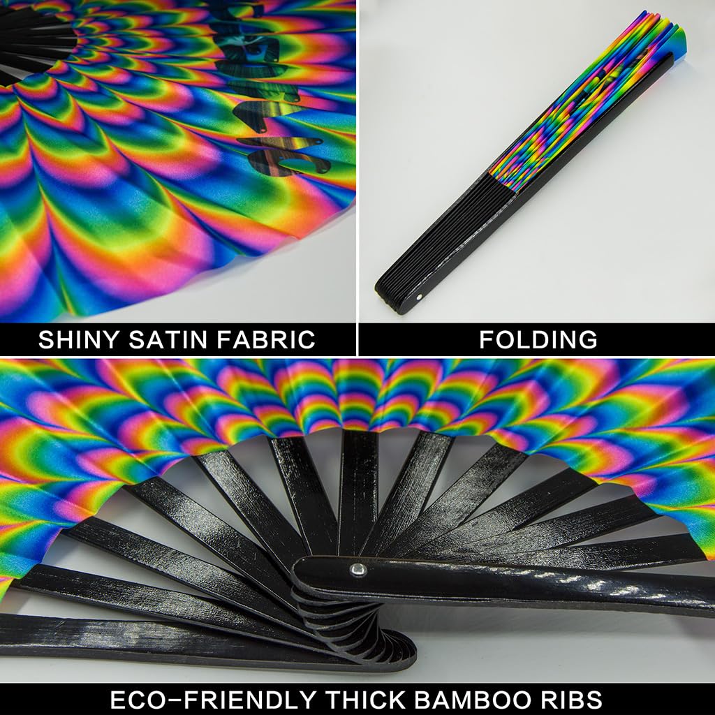 Ravevibes 13" Large Rave Fan Folding Hand Fan, Bamboo Festival Clack Fan Foldable UV Glow Edm Fans For Rave Outfits Accessories Performance Dance Party For Men Women, Alien