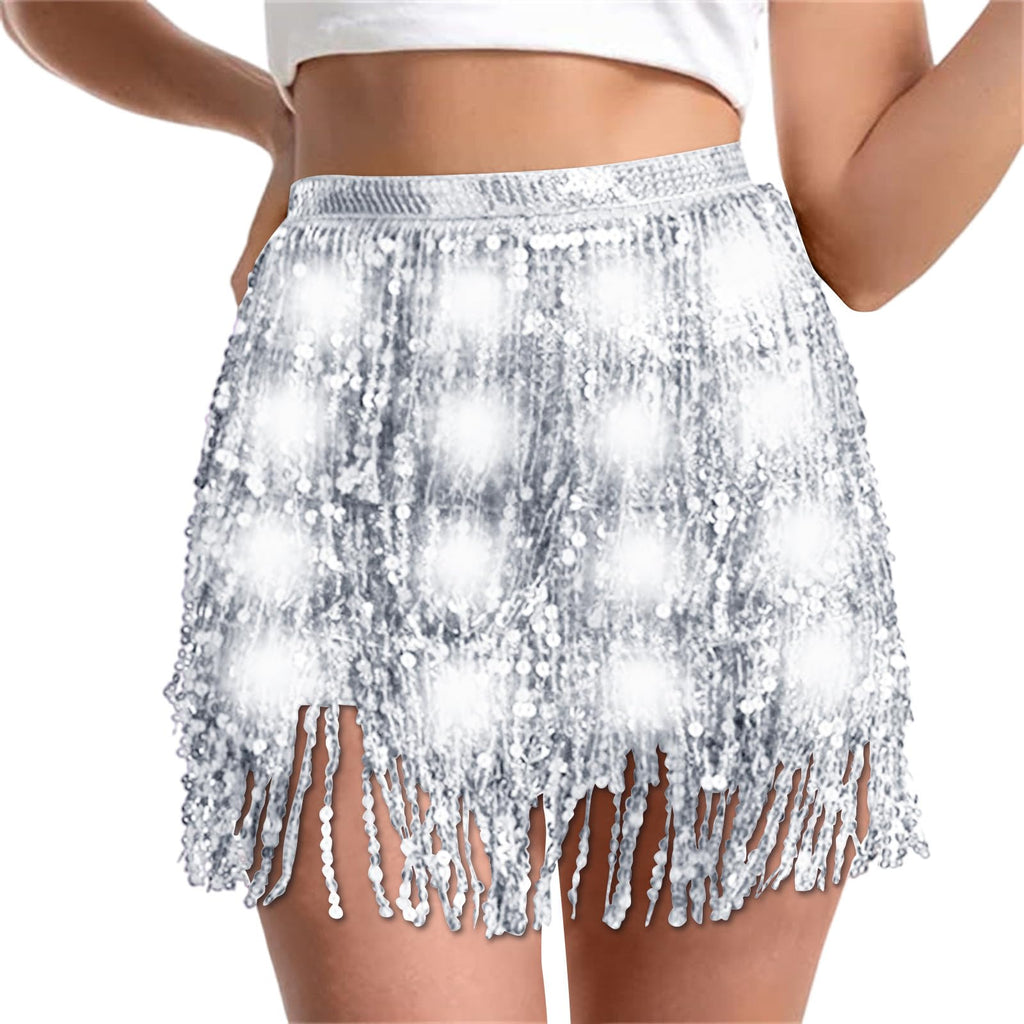 Sequin Skirt Women Led Waist Scarf Belly Dance Waist Chain Tassel Shine Sparkly Mini Skirts Rave Party Outfit