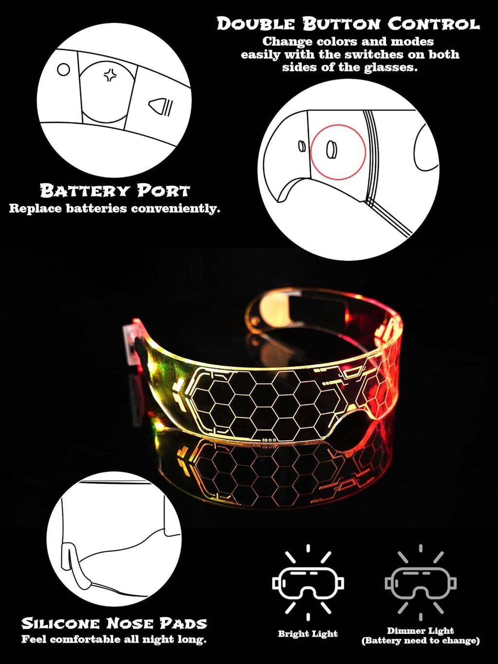 Woeoe Led Visor Glasses Light Up Neon Luminous Sunglasses Flashing Luminous for Halloween Cosplay Party Bar