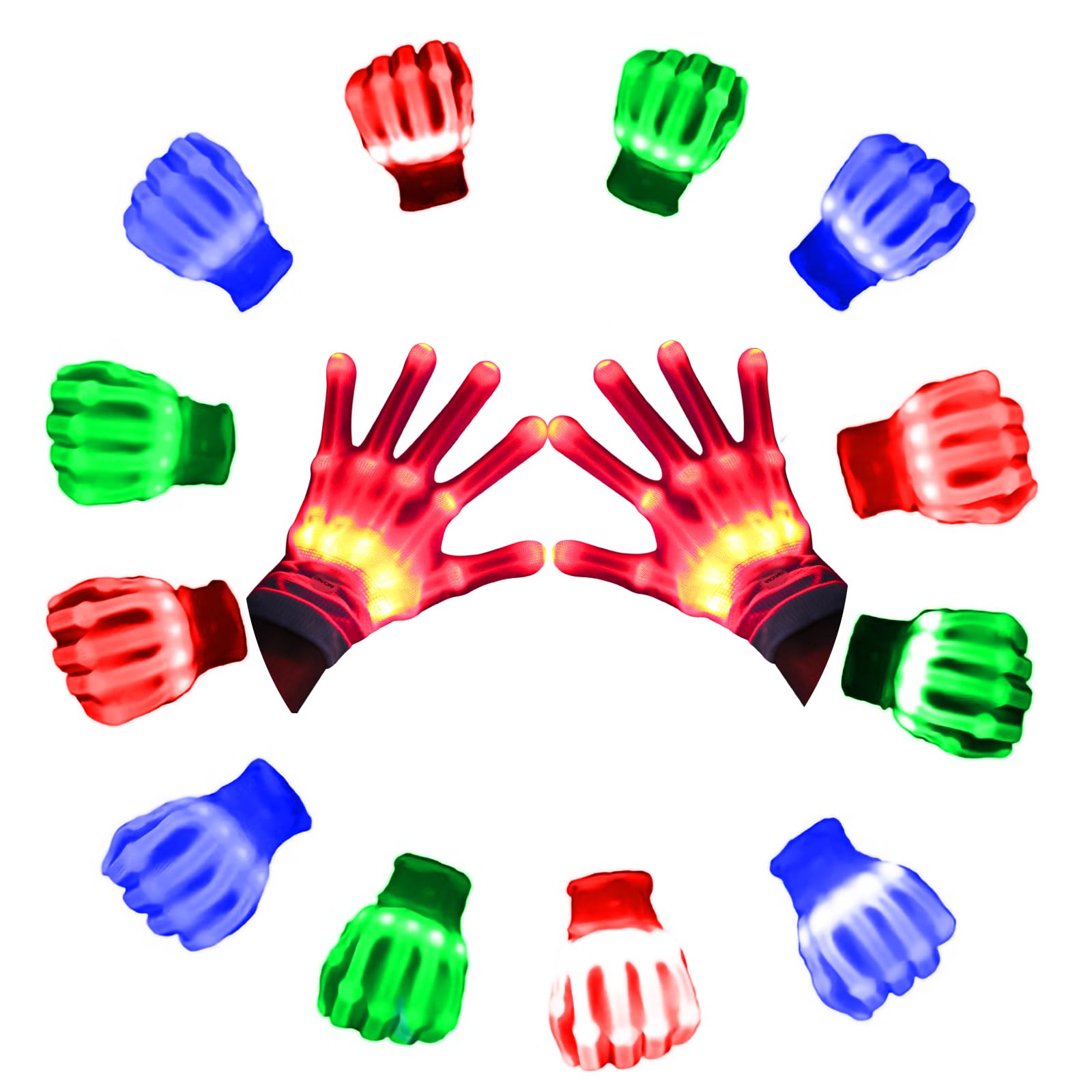 LED Gloves, Flash Finger Lights - 3 Color, 10 Mode Glowing Christmas Costume Clubbing Party Favors for Boys & Girls