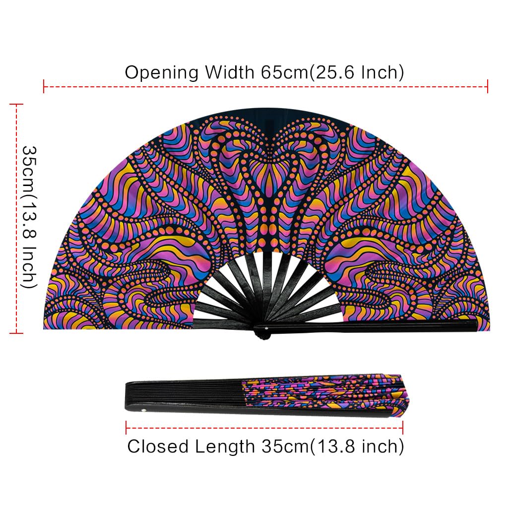 Ravevibes 13" Large Rave Fan Folding Hand Fan, Bamboo Festival Clack Fan Foldable UV Glow Edm Fans For Rave Outfits Accessories Performance Dance Party For Men Women, Alien