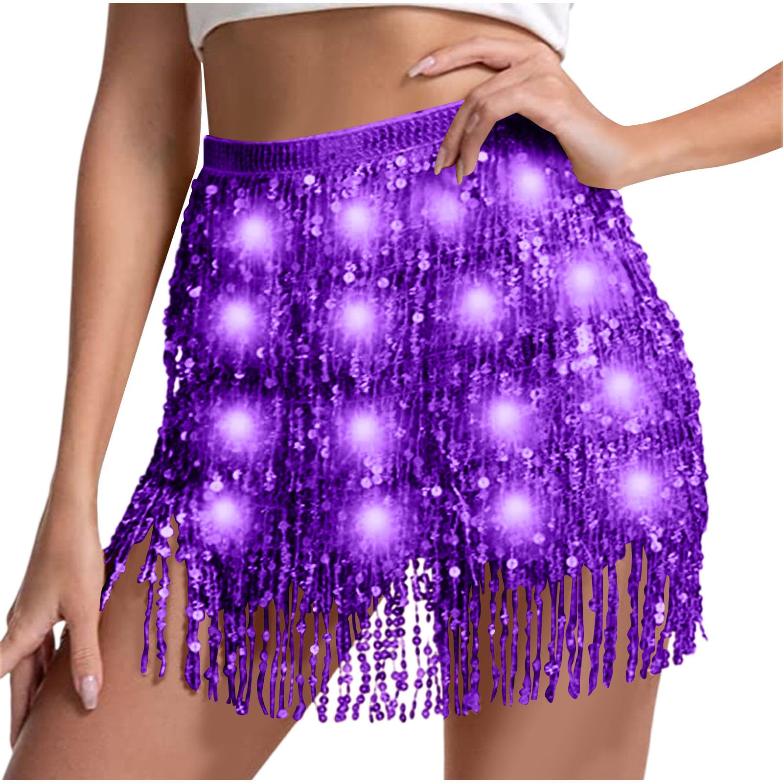 Sequin Skirt Women Led Waist Scarf Belly Dance Waist Chain Tassel Shine Sparkly Mini Skirts Rave Party Outfit