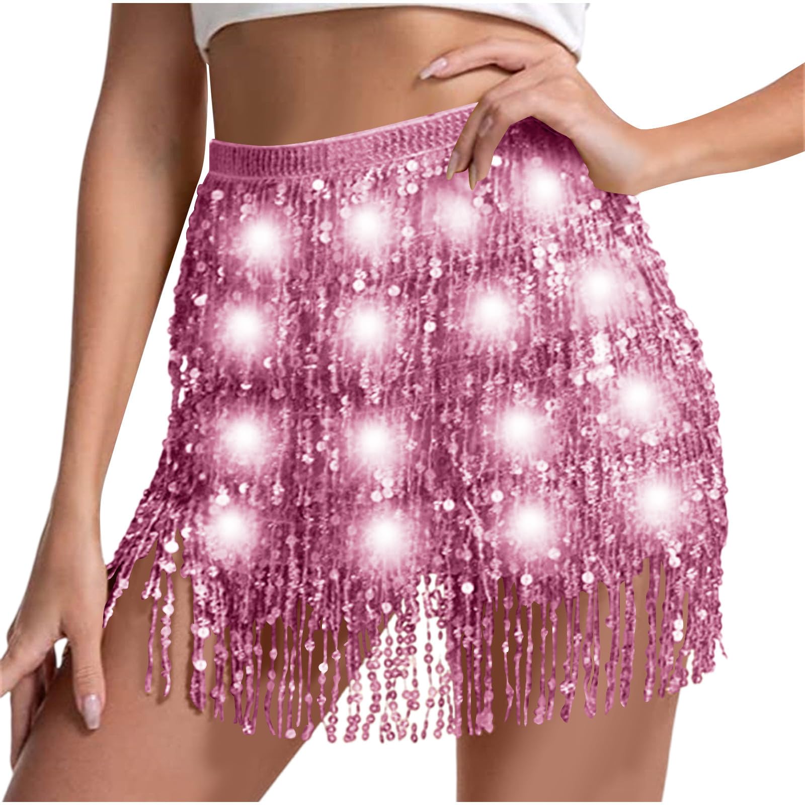 Sequin Skirt Women Led Waist Scarf Belly Dance Waist Chain Tassel Shine Sparkly Mini Skirts Rave Party Outfit