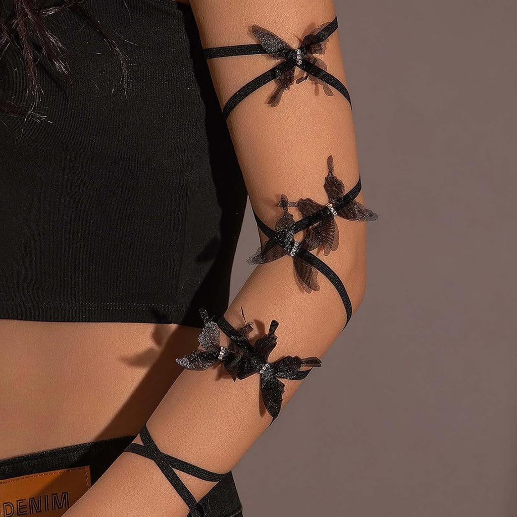 Butterfly Tassel Chain Arm Cuff Ribbon Arm Wraps Elastic Upper Arm Cuff Cz 3D Butterfly Black Lace Arm Sleeves Sexy Multilayer Hand Armband Party Prom Arm Accessories for Women, Large