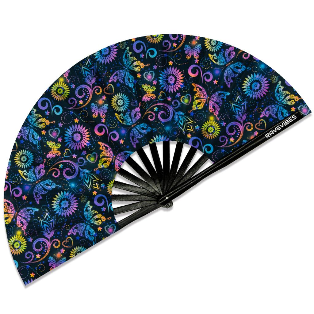 Ravevibes 13" Large Rave Fan Folding Hand Fan, Bamboo Festival Clack Fan Foldable UV Glow Edm Fans For Rave Outfits Accessories Performance Dance Party For Men Women, Alien