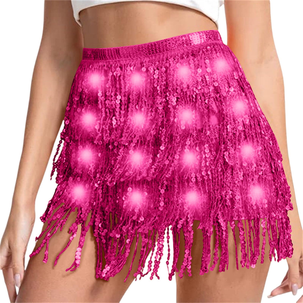 Sequin Skirt Women Led Waist Scarf Belly Dance Waist Chain Tassel Shine Sparkly Mini Skirts Rave Party Outfit
