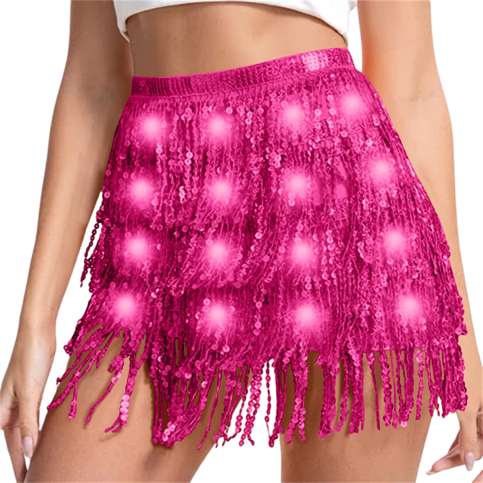 Sequin Skirt Women Led Waist Scarf Belly Dance Waist Chain Tassel Shine Sparkly Mini Skirts Rave Party Outfit