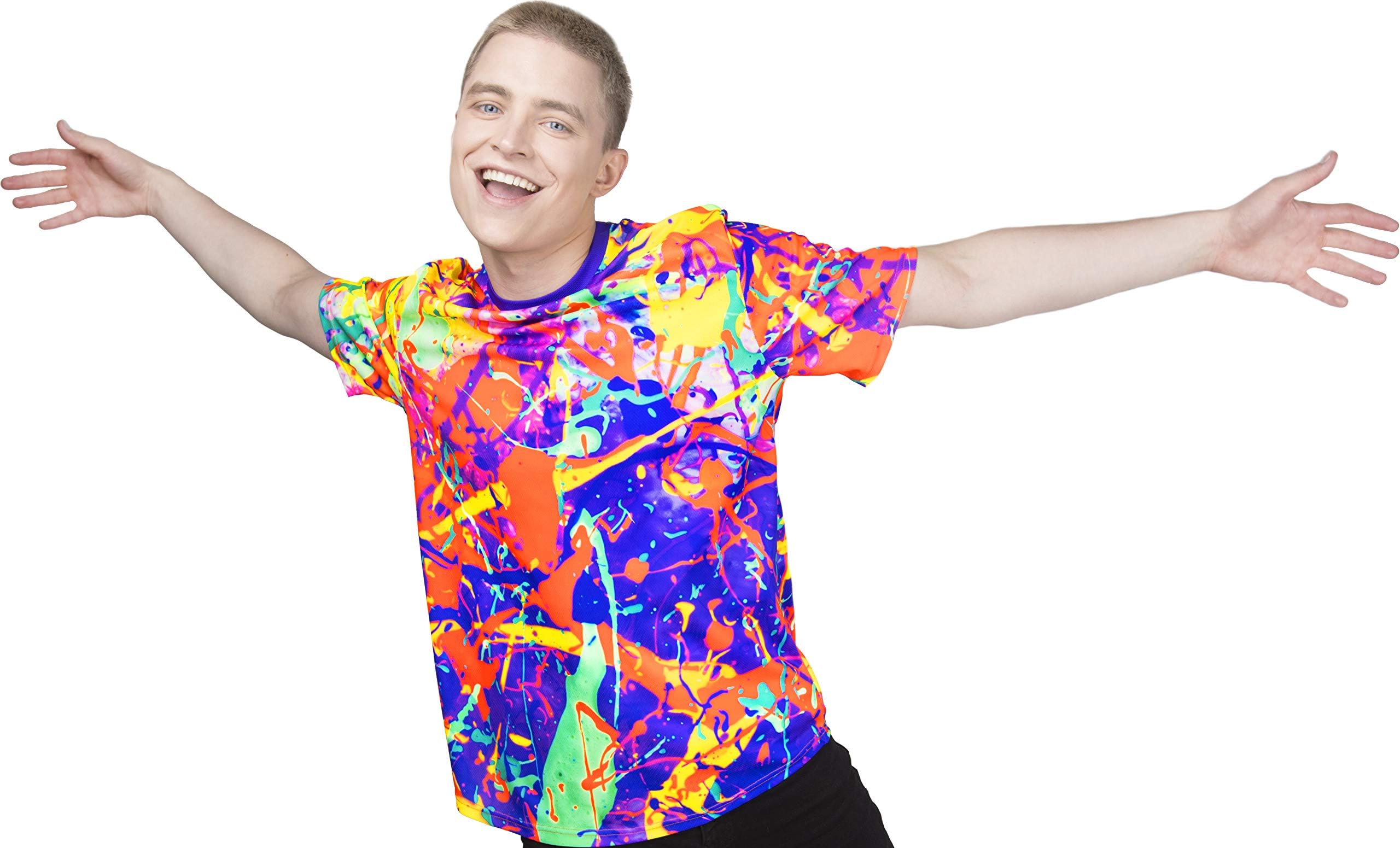 aofmoka Neon Glow Blacklight UV Reactive Party Rave Handmade Art Tee Sport Top Workout Shirt Women Unisex Men Design T-Shirt