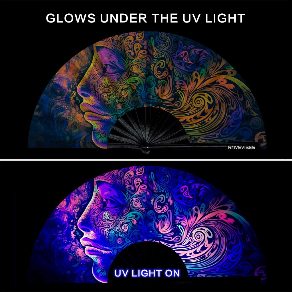 Ravevibes 13" Large Rave Fan Folding Hand Fan, Bamboo Festival Clack Fan Foldable UV Glow Edm Fans For Rave Outfits Accessories Performance Dance Party For Men Women, Alien