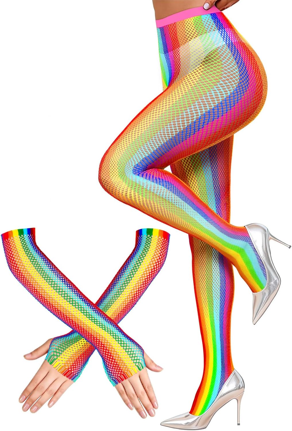 BOARDFEB2 Pieces Rainbow Outfits, Striped Fishnet Tights and Gloves Costume Accessories Set Rainbow Leggings for Carnival Wedding Pride Day Halloweeen