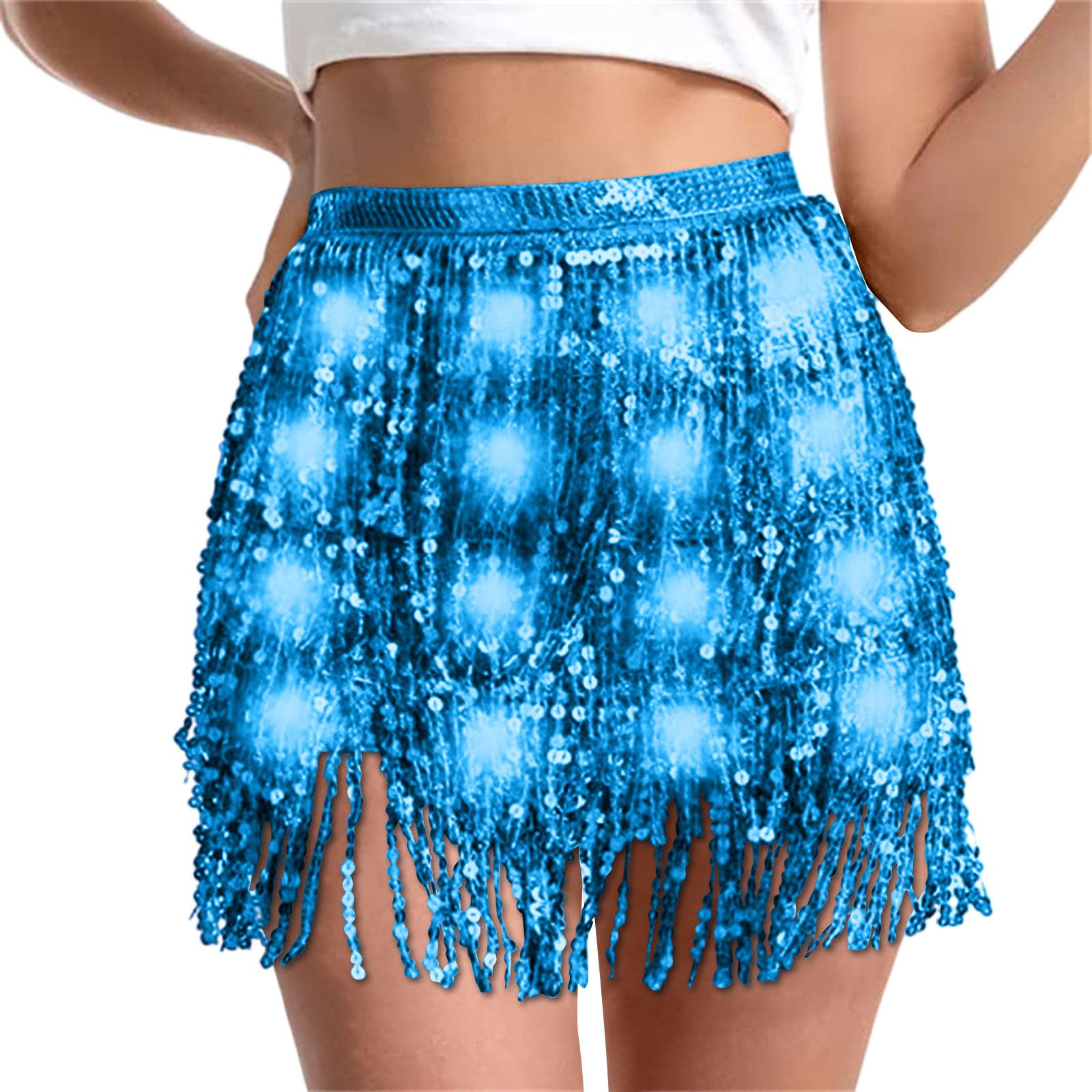 Sequin Skirt Women Led Waist Scarf Belly Dance Waist Chain Tassel Shine Sparkly Mini Skirts Rave Party Outfit