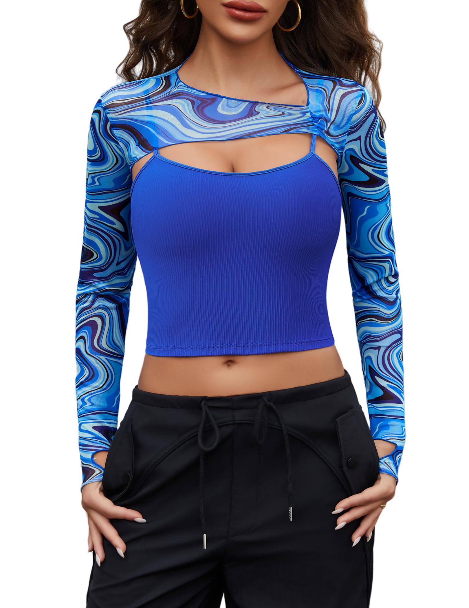 Avidlove Women Sexy Long Sleeve Mesh Crop Top Solid Cover Up with Spaghetti Strap Cami Top 2 Pieces Clubwear with Thumb Holes