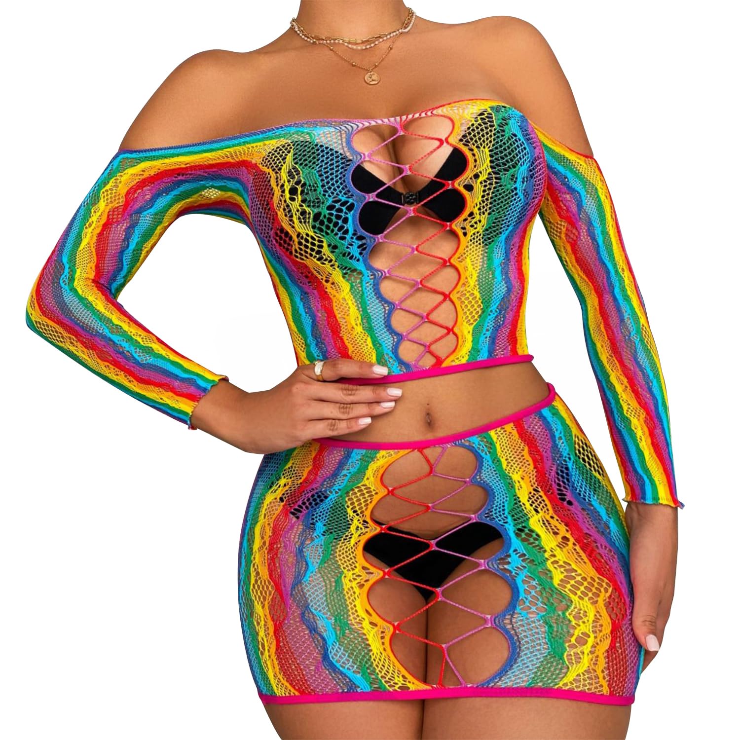 Lingerie Sets for Women Sparkly Rhinestone Sexy Fishnet Babydoll Bodysuit Mesh Chemise Nightwear