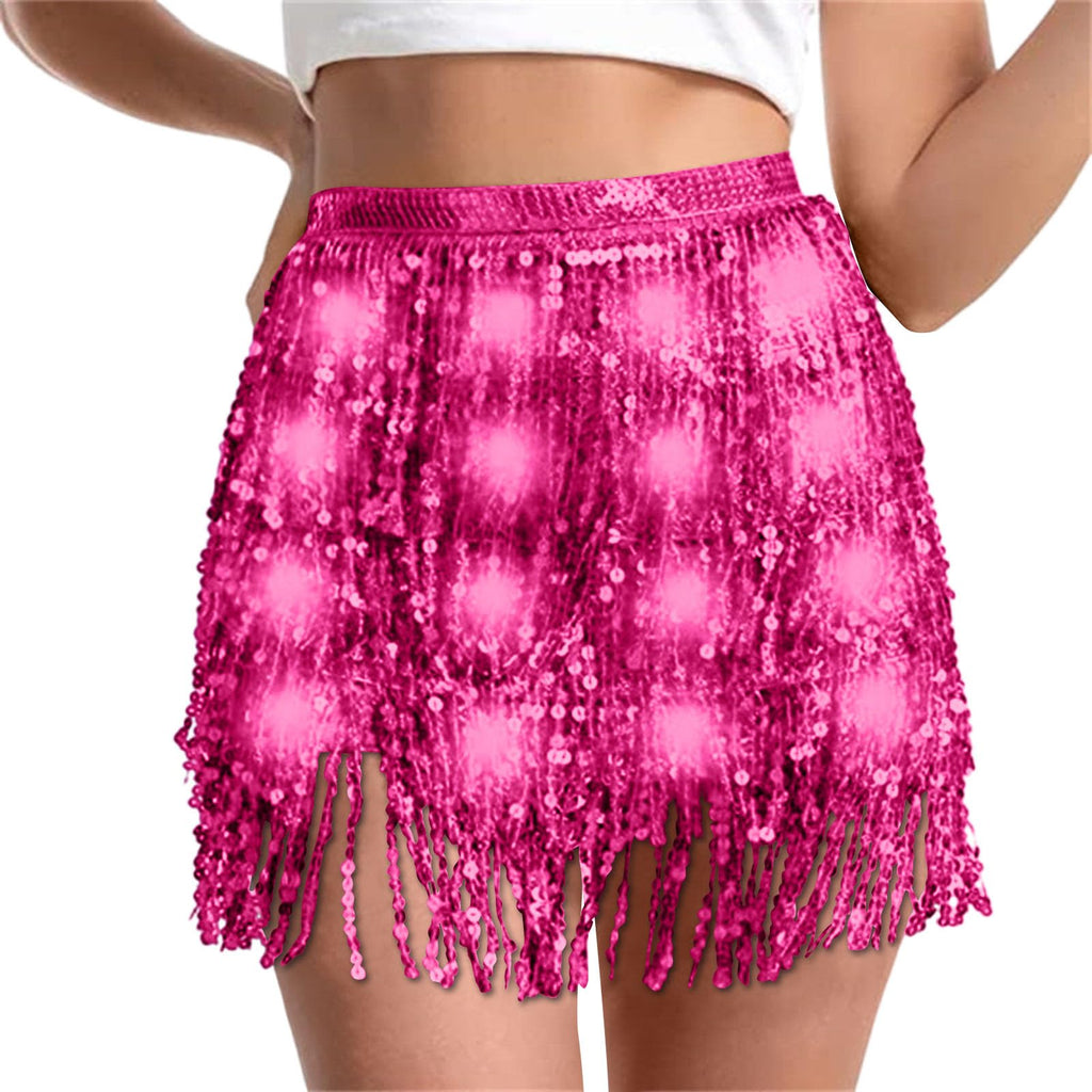 Sequin Skirt Women Led Waist Scarf Belly Dance Waist Chain Tassel Shine Sparkly Mini Skirts Rave Party Outfit