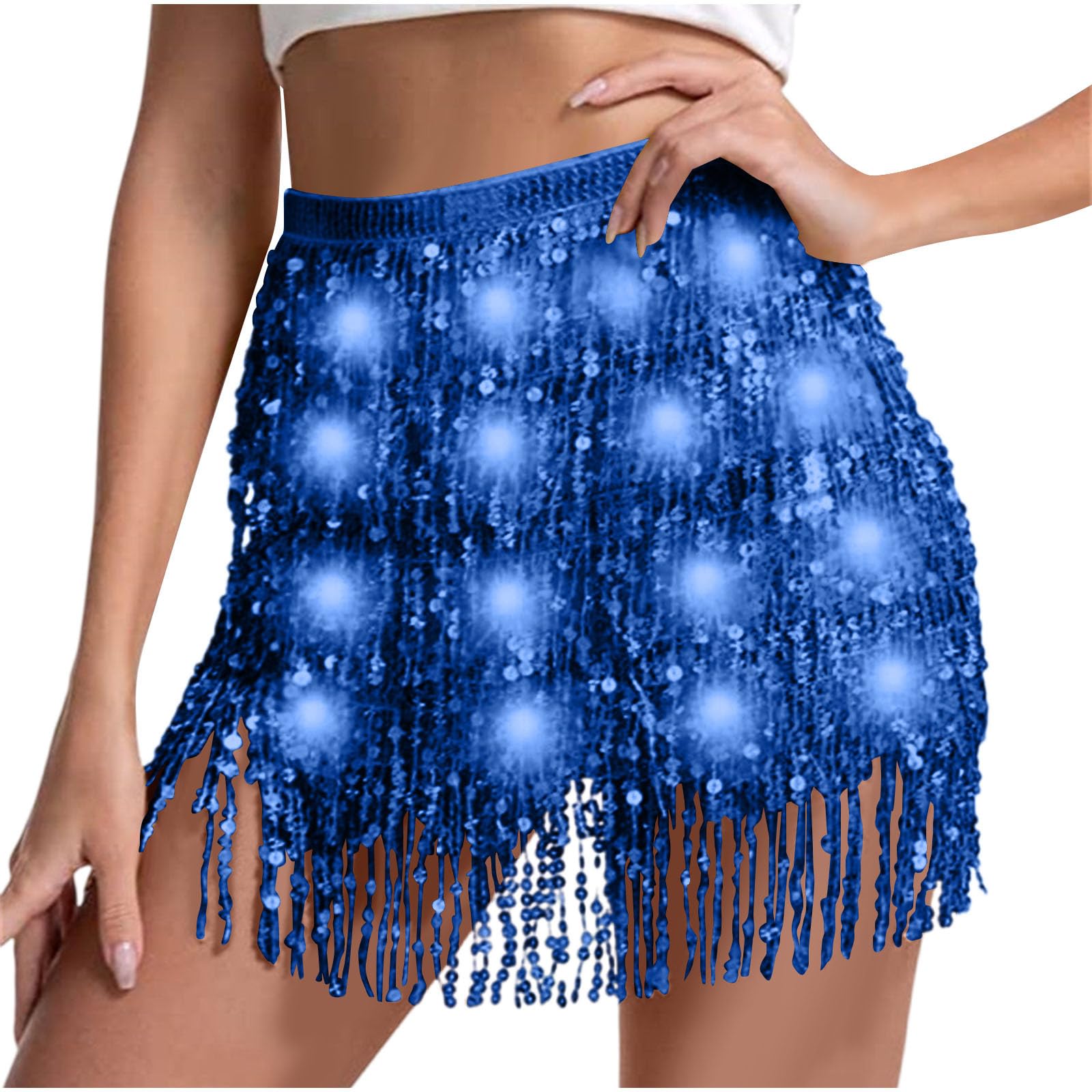 Sequin Skirt Women Led Waist Scarf Belly Dance Waist Chain Tassel Shine Sparkly Mini Skirts Rave Party Outfit