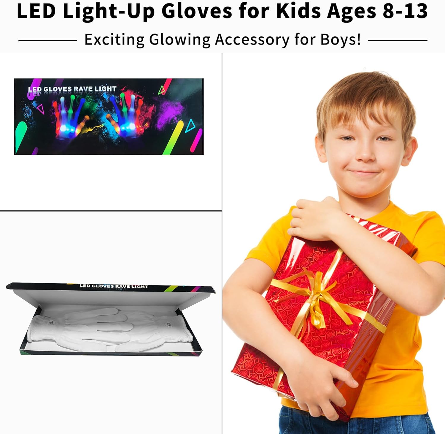 LED Gloves, Light Up Gloves for Kids Birthday Gift Cool Fun Toys for 5-12 Year Old Boys Girls with 5 Color/6 Mode