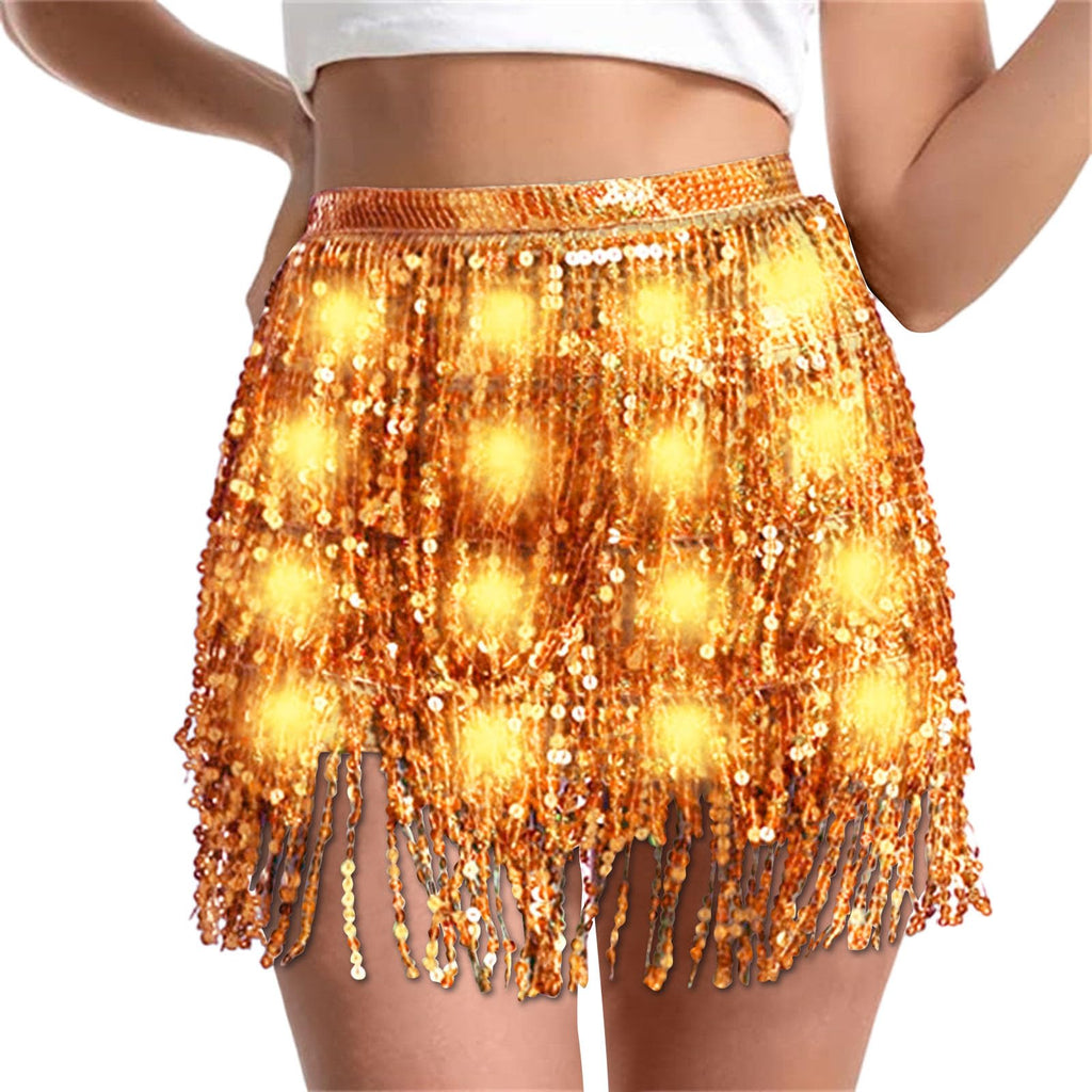 Sequin Skirt Women Led Waist Scarf Belly Dance Waist Chain Tassel Shine Sparkly Mini Skirts Rave Party Outfit