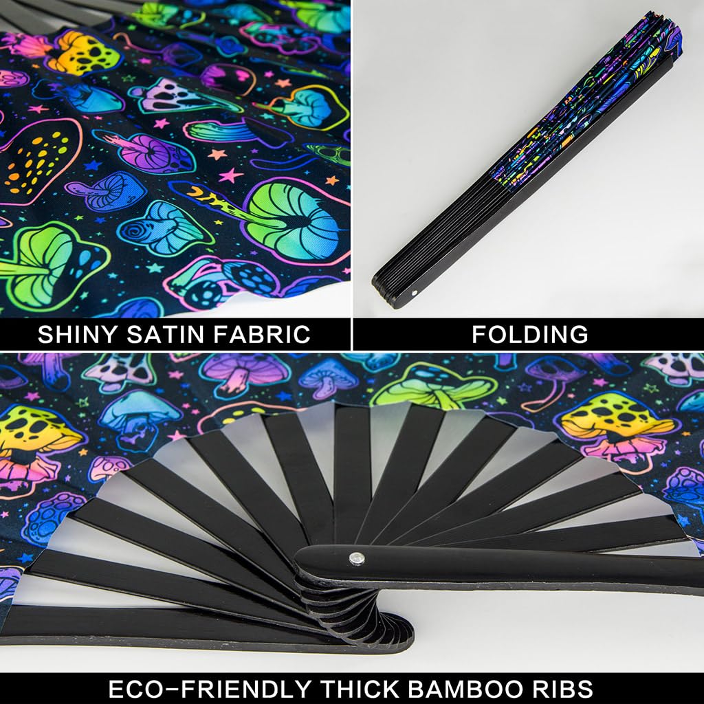 Ravevibes 13" Large Rave Fan Folding Hand Fan, Bamboo Festival Clack Fan Foldable UV Glow Edm Fans For Rave Outfits Accessories Performance Dance Party For Men Women, Alien