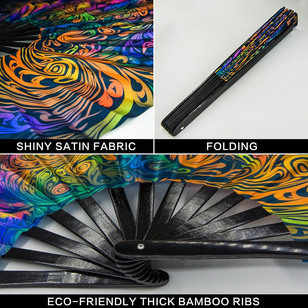 Ravevibes 13" Large Rave Fan Folding Hand Fan, Bamboo Festival Clack Fan Foldable UV Glow Edm Fans For Rave Outfits Accessories Performance Dance Party For Men Women, Alien