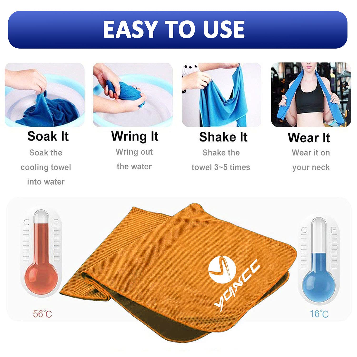 YQXCC Cooling Towels | 4 Pack 47"x12" | Ice Cool for Neck | Microfiber Soft Breathable Chilly | for Yoga, Sports, Golf, Gym, Camping, Running, Fitness, Workout & More Activities