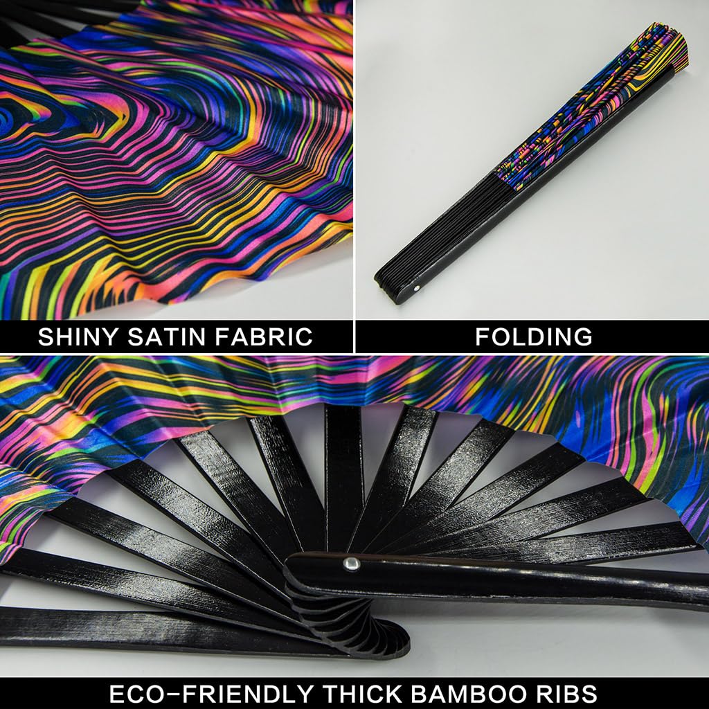 Ravevibes 13" Large Rave Fan Folding Hand Fan, Bamboo Festival Clack Fan Foldable UV Glow Edm Fans For Rave Outfits Accessories Performance Dance Party For Men Women, Alien
