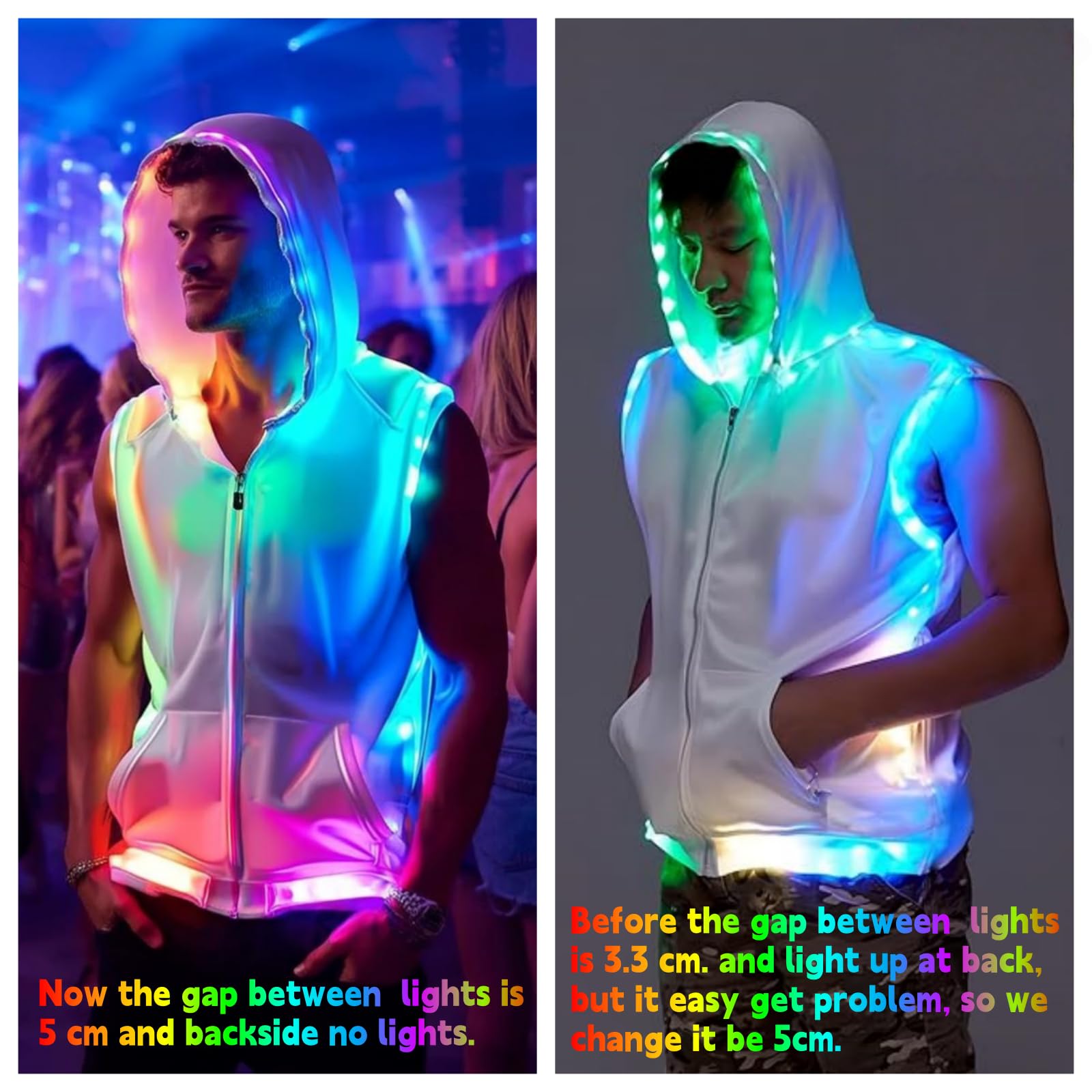 Men White Hooded Tank LED Light Up Sync Burning Man Rave Tops Night Club Show for Halloween Dance Party