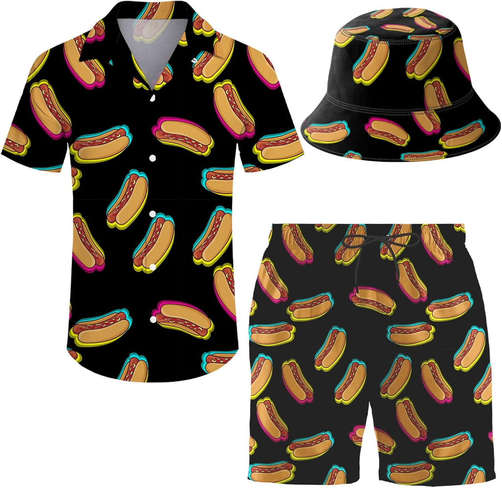 Men's 2 Piece Tracksuit Hawaiian Shirt Shorts Button Down Shirt and Shorts Sets with Bucket Hats